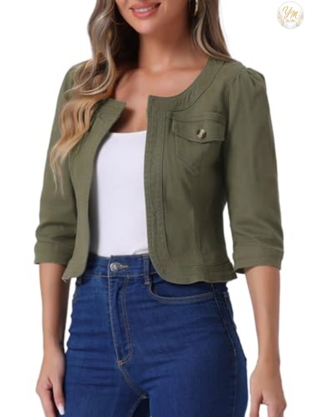 Women's Denim Cardigan 3/4 Sleeve Collarless Jean Jacket Button Front Regular